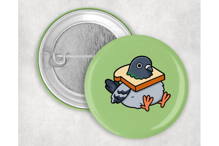 kenyérnyakláncos galamb kitűző – karikatúra stílusban, 44 mm 2