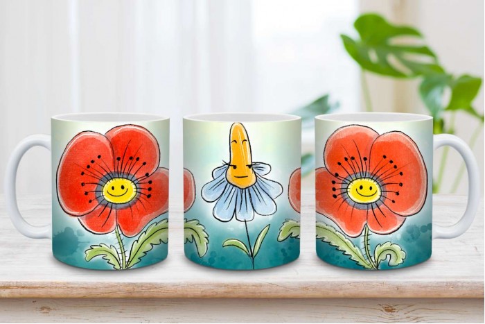 virágos bögre illusztrált pipacsokkal és kamillával, 330 ml 2