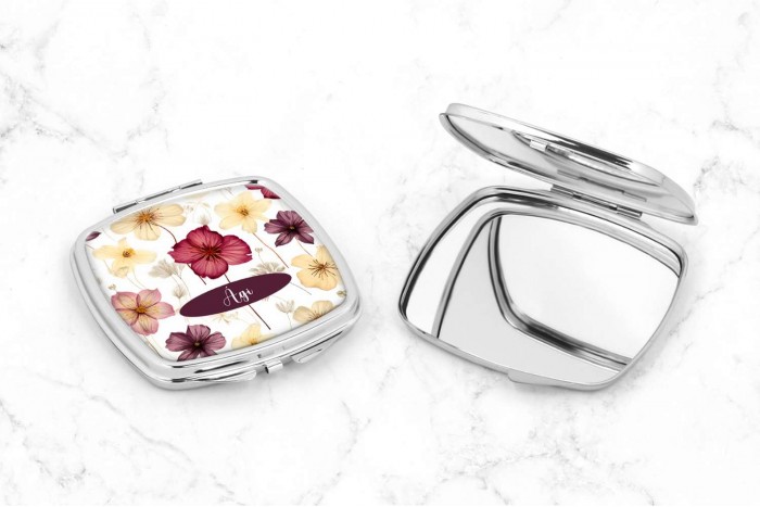 sminktükör préselt virágok mintával és névvel 2