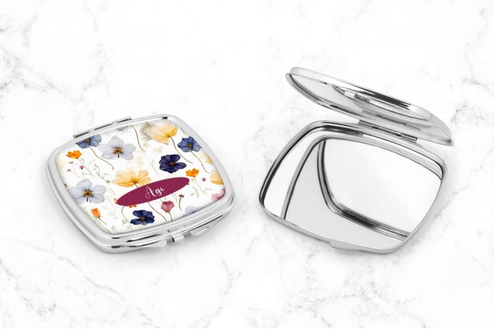 sminktükör préselt virágok mintával és névvel 2