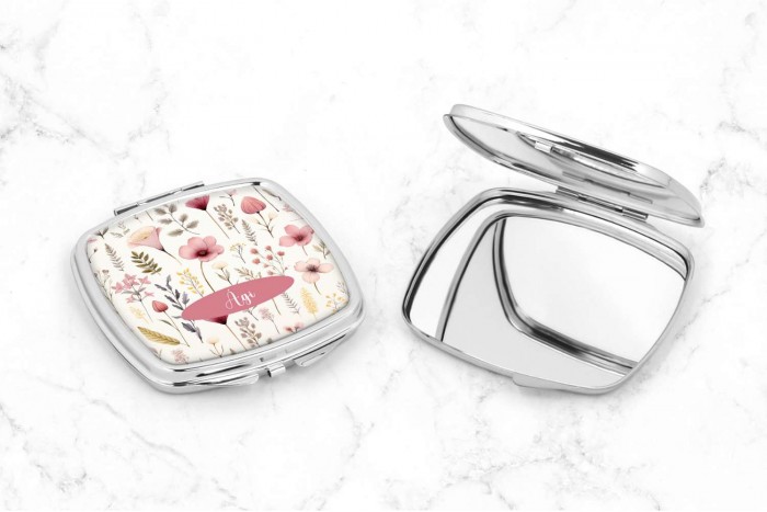 sminktükör préselt virágok mintával és névvel 2