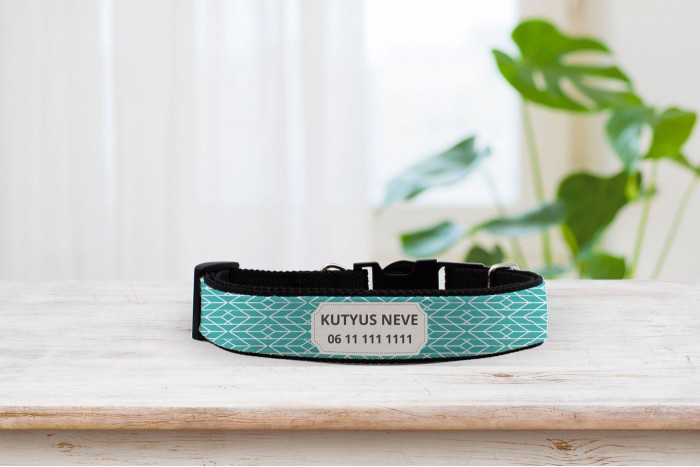 egyedi nyakörv névvel – türkiz boho mintával, állítható (32–58 cm) 23