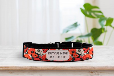Egyedi pipacsos nyakörv - állítható - névvel, telefonszámmal