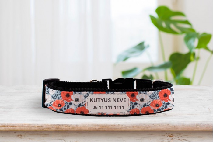 egyedi pipacsos nyakörv - állítható - névvel, telefonszámmal 2