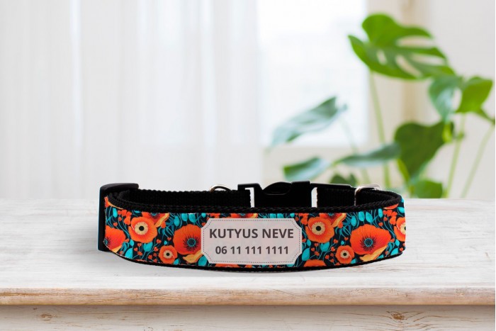 egyedi pipacsos nyakörv - állítható - névvel, telefonszámmal 2