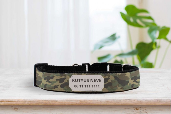 sötétzöld terepszínű nyakörv - állítható - névvel, telefonszámmal 2